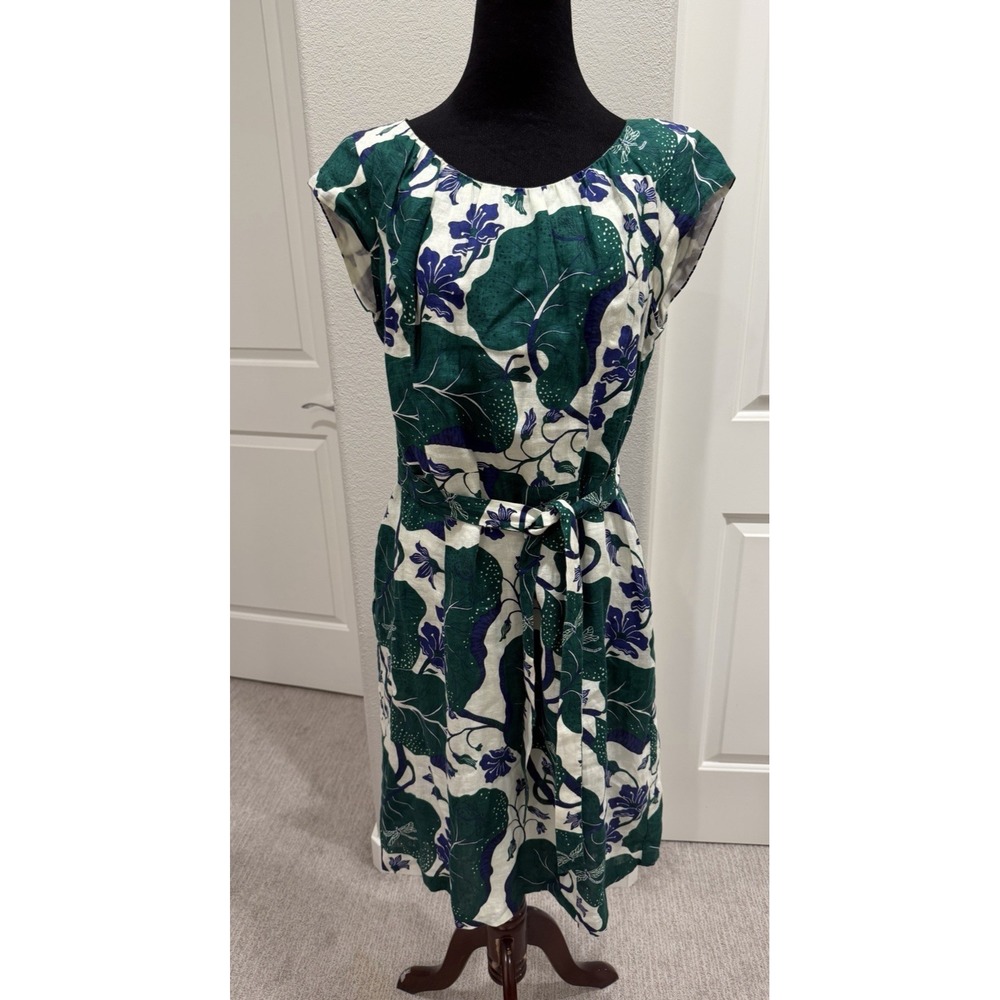 Lands End 100% Linen Dress Belted 12 Blue Green Lily Pad Flower Lined Cap Sleeve